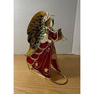 Vtg Stained Glass Christmas Angel Candle Holder Red & Gold 9inch Holding Trumpet